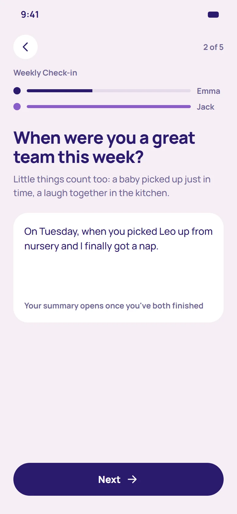 Weekly Check-in, question 2 of 5: When were you a great team this week? Emma is writing her answer; Jack has already finished.