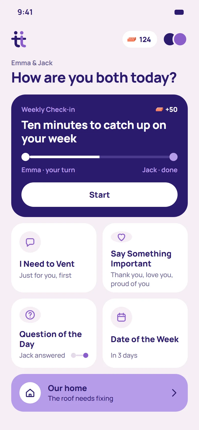 TimTim home screen for a couple, Emma and Jack: the Weekly Check-in card, I Need to Vent, Say Something Important, Question of the Day, Date of the Week and their shared home.