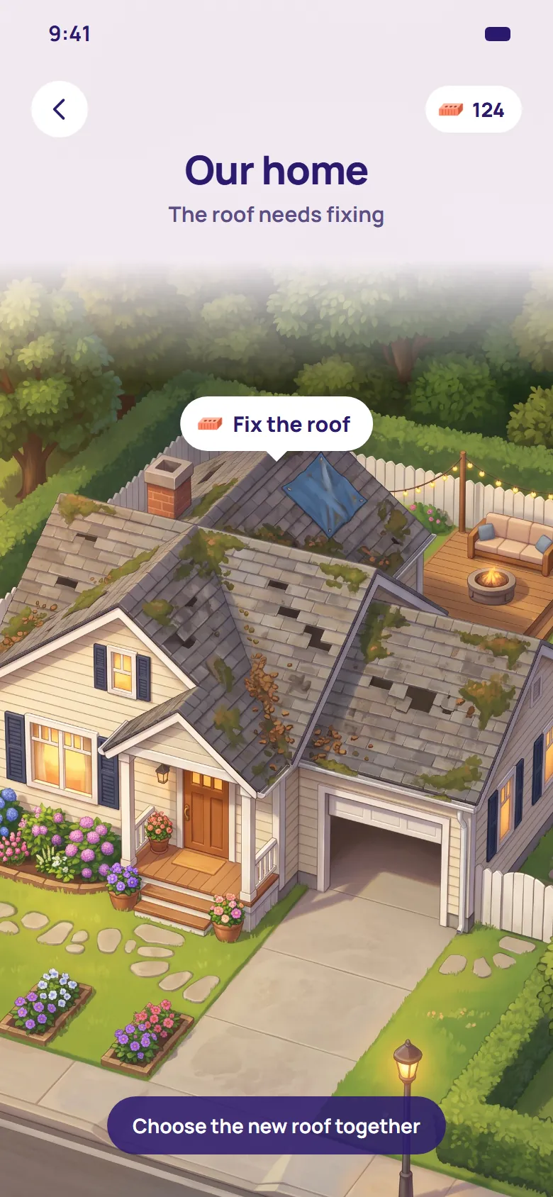 The couple's illustrated home with a worn-out roof and a button to fix it.