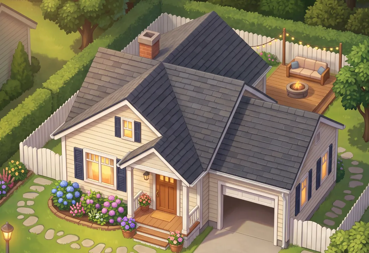 An illustrated family home with a freshly fixed charcoal roof, a front porch, flower beds and a garden deck with string lights.